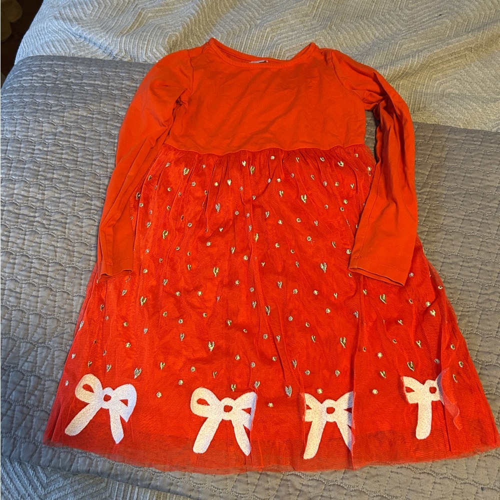 Hanna Andersson Holiday Dress Red w/ bows & hearts sz 6-7